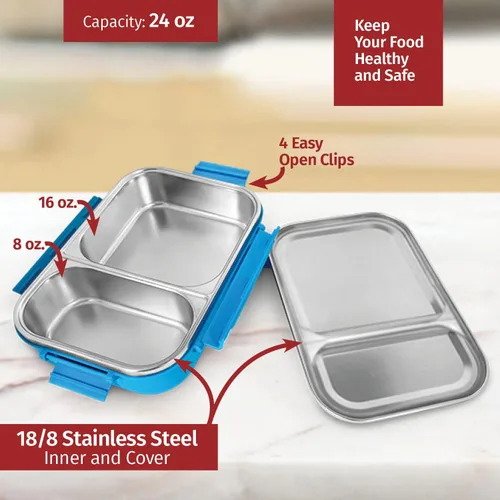 Vista 3 de Signoraware Bento Box de acero inoxidable para hombres, 24 onzas, azul aguamarina, a prueba de fugas entre 2 compartimentos, control de porciones
