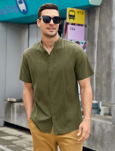 Vista 4 de Ryannology Camisas guayabera de lino de manga corta con botones para hombre, estilo casual, playa, campamento cubano, camisa mexicana para hombre