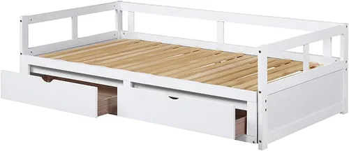 Vista 7 de Sofá cama extensible de madera con dos cajones de almacenamiento, sofá cama para dormitorio, sala de estar, tamaño individual/king