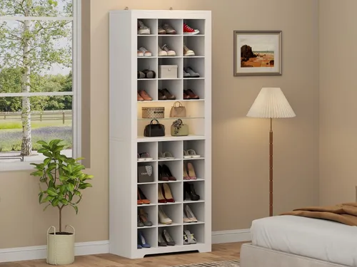 Vista 7 de Armario de almacenamiento de zapatos de 11 niveles, zapatero de madera blanco con 27 cubículos, organizador de zapatos independiente de 69 pulgadas