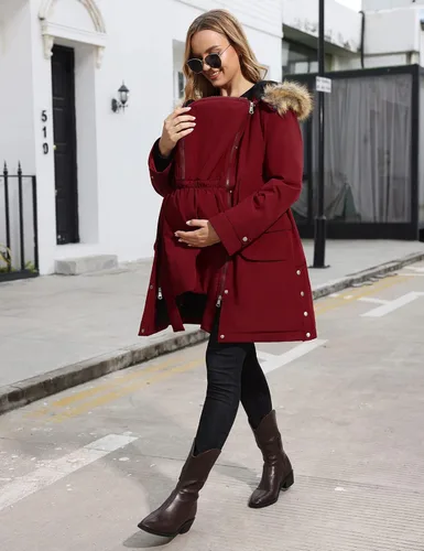 Vista 4 de Maacie Chaqueta de maternidad con forro polar grueso 2 en 1 con cinturón y capucha cálida para invierno