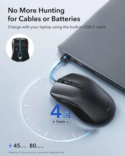 Vista 5 de ESR MagMouse Snap-to-Carry Mouse Bluetooth, Mouse Inalámbrico Recargable para Laptop con Cable de Carga Integrado, Soporte Adhesivo Reutilizable