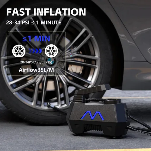 Vista 2 de Inflador de neumáticos, compresor de aire portátil, bomba de aire para neumáticos de automóvil, cable de 9.84 pies, bomba automática de 12 V CC