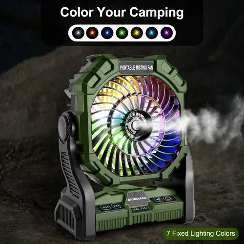 Vista 4 de Odoland Ventilador portátil para campamento con linterna LED, ventilador recargable a batería de 20,000 mAh con función de nebulización y luz