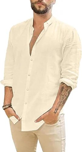 Vista 10 de Camisas de lino de manga larga para hombre, camisa casual con botones, ajuste regular, para verano, playa, boda