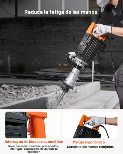 Vista 7 de VEVOR Martillo de demolición Jack Hammer, MAX 2200W Martillo eléctrico resistente, rompedor de concreto 1350 BPM 2 piezas de cinceles para astillas