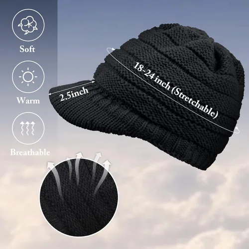 Vista 2 de SATINIOR Gorro de punto de invierno para mujer, gorro de ala de invierno para mujer, gorro holgado con visera, cálido gorro de calavera de Newsboy