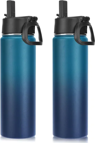 Vista 43 de Neihepal Botellas de agua aisladas de 22 onzas con tapa con popote a prueba de fugas, botella de agua de acero inoxidable de doble pared de boca