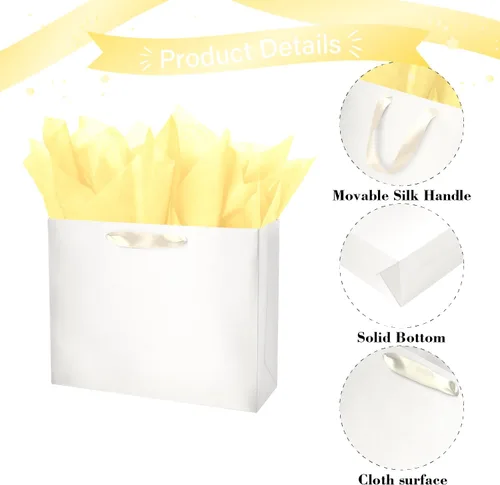 Vista 3 de Bolsa de regalo beige con papel de seda de color sólido sedoso para mujeres y hombres, boutique, cumpleaños, aniversario, boda, 13 pulgadas