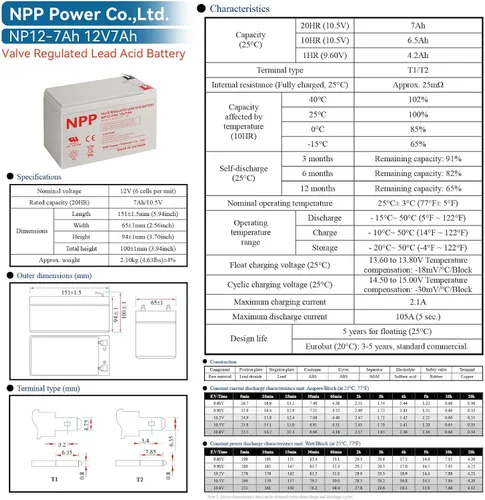 Vista 7 de NPP Batería recargable AGM SLA de 12V 7Ah T1 8PCS