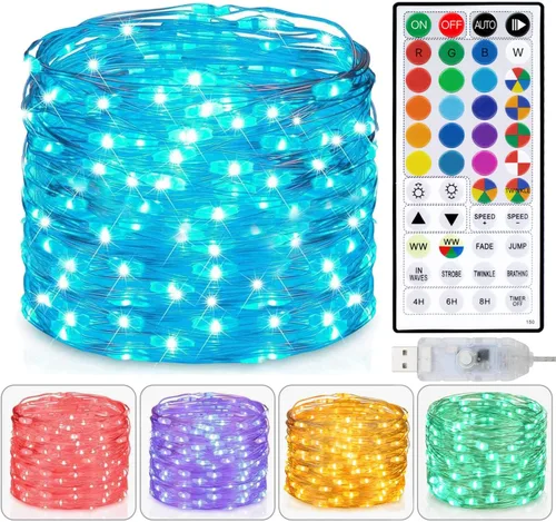 Vista 8 de Luces de Hadas USB Enchufables de 33 pies, 100 LEDs con Control Remoto, Luz Blanca Cálida de 20 Colores Cambiantes, Luces de Cadena Centelleantes