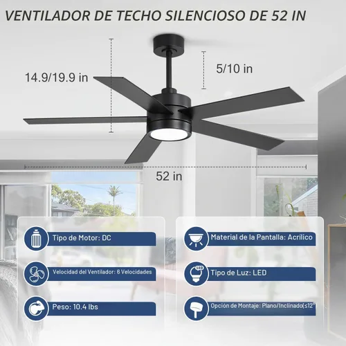 Vista 7 de Ventiladores de techo con luces y control remoto, ventilador de techo industrial de 52 pulgadas con motor de CC reversible, 6 velocidades, luz de 3