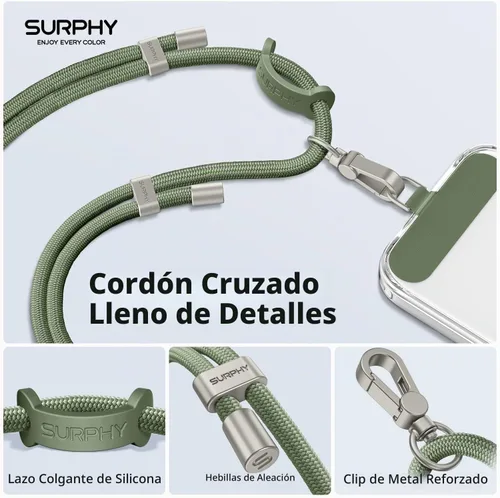 Vista 2 de SURPHY Cordón para teléfono, correa cruzada ajustable para teléfono con 2 pestañas de amarre para teléfono celular, hebillas de metal de alta Verde