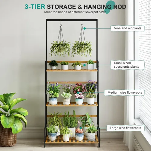 Vista 3 de Ufine - Soporte de bambú para plantas colgantes de 3 niveles con estante en escalera y barra colgante. Organizador de altura ajustable para macetas.