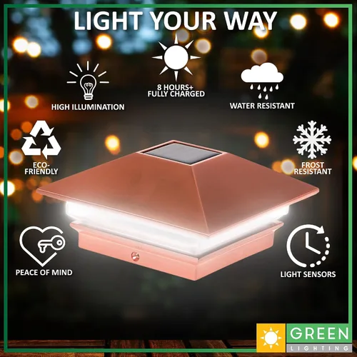 Vista 4 de Postes solares GreenLighting Nominal 4 x 4 Slim LED, lámpara con remate para postes de madera, Bronce