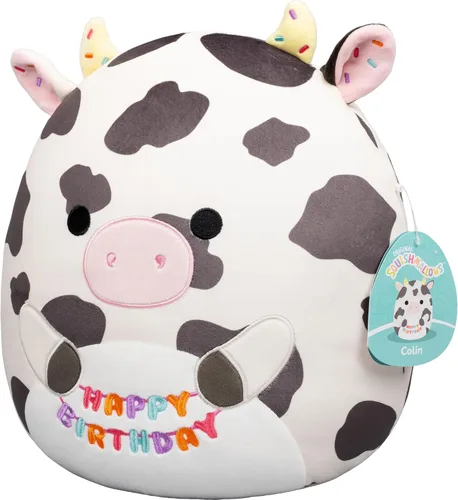 Vista 5 de Squishmallows Cartel original de 12 pulgadas de Colin the Cow Holding "Happy Birthday" – Peluche oficial de Jazwares (tamaño mediano)