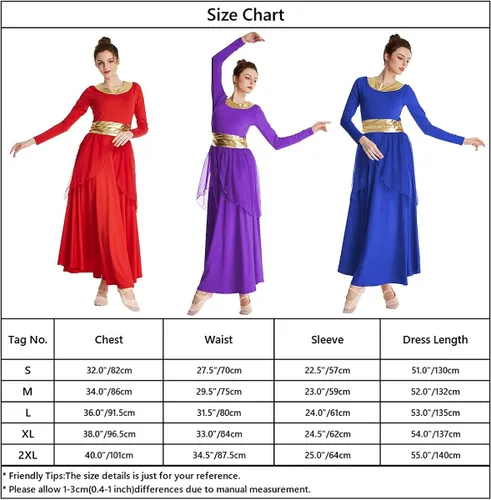 Vista 7 de MYRISAM Mujeres Alabanza Bata de Baile Culto Litúrgico Cintura Metálico Vestido de Manga Larga Falda de Gasa Traje Lírico