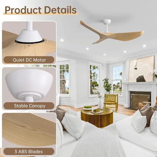 Vista 8 de Sofucor Ventilador de techo de 52 pulgadas sin luz, moderno ventilador de techo con control remoto, ventilador de techo de 3 aspas con motor CC