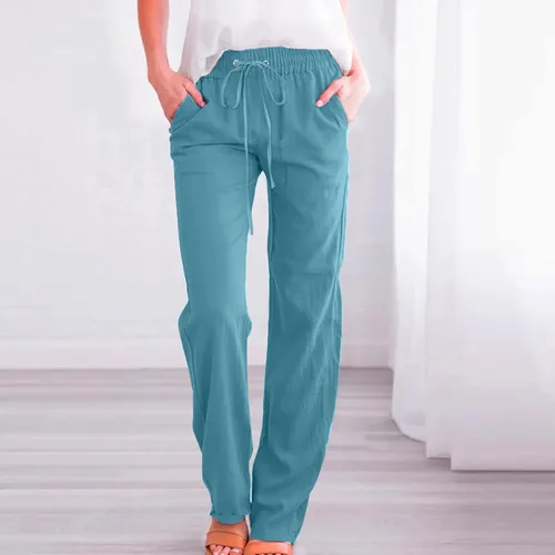Vista 3 de SIUMOPA Pantalones elásticos de pierna recta para mujer, pantalones de trabajo diario, negocios, oficina, pantalones casuales con cordón