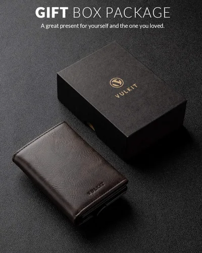 Vista 7 de VULKIT Cartera plegable de cuero con compartimento para billetes, ventana de identificación y moneda
