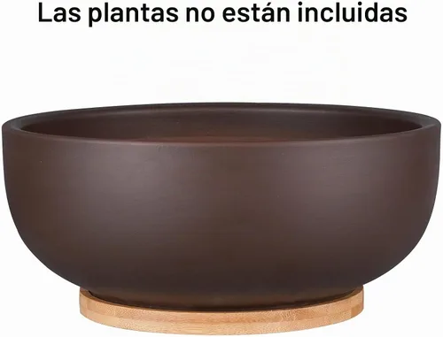 Vista 4 de Maceta de terracota de 10 pulgadas, maceta grande para suculentas y bonsái con agujero de drenaje y platillo de bambú para plantas