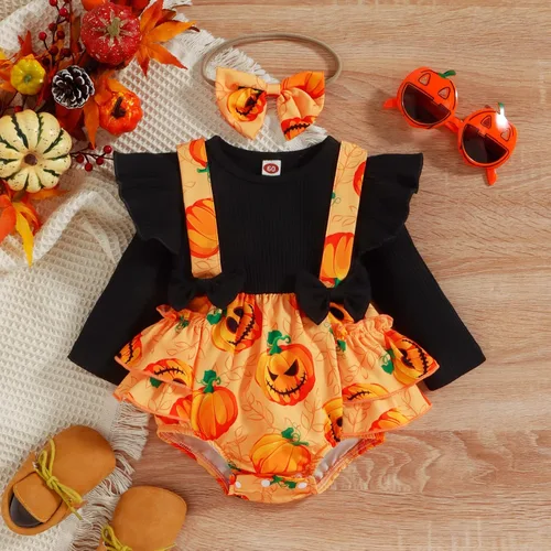 Vista 2 de Trajes de Halloween para bebé recién nacida camiseta de manga larga con volantes de calabaza camiseta con tirantes cortos mameluco para otoño