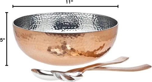 Vista 6 de Ensaladera martillada con acento de cobre de 3 piezas con 2 utensilios para servir, completo con cuchara y tenedor de gran tamaño a juego, úsalo