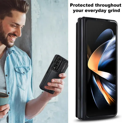 Vista 6 de Funda para Samsung Galaxy Z Fold 3 con soporte para bolígrafo S y tarjetero, protector de billetera resistente a prueba de golpes, funda de cuero