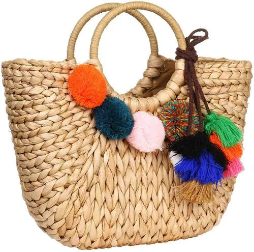 Vista 2 de Bolsa de ratán de verano para mujer, de paja tejida a mano, con asa superior, para playa, mar, paja de ratán