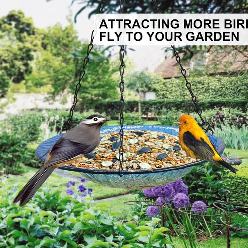 Vista 3 de Baño colgante para pájaros, de cristal al aire libre, comedero para pájaros con patrón de textura azul-naranja para decoración de jardín y patio