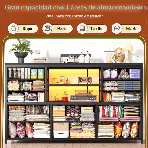 Vista 5 de EnHomee - Cómoda negra con luces LED y estación de carga, soporte de TV para televisor de 60 pulgadas, cómodas anchas y cómodas con estantes