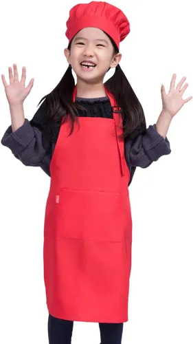 Vista 10 de Juego de delantal y gorro de chef para niños, delantal ajustable con babero para niños con 2 bolsillos. Lindo delantal de cocina para niños y niñas