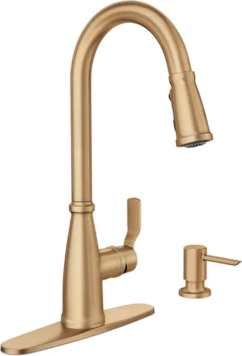 Vista 26 de Moen Nolia Oro Bronce de Una Manija con Un Solo Orificio Grifo de Cocina de Resorte con Rociador Desplegable y Dispensador de Jabón, 87886BZG