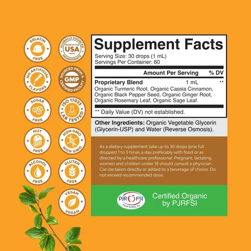 Vista 8 de Gotas líquidas de cúrcuma orgánica para adultos, curcumina de cúrcuma con pimienta negra, canela y extracto de jengibre líquido para dolor