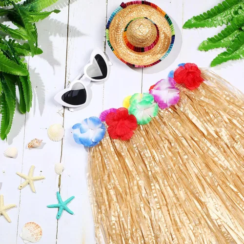 Vista 3 de Wettarn 12 faldas hawaianas de hierba hula para niños, faldas tropicales de hula para fiesta de Luau, disfraz hawaiano para niñas, Color de paja.