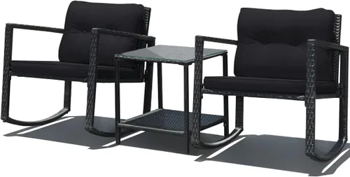 Vista 9 de DORTALA Juego de muebles de patio de 3 piezas, mecedora de ratán y mesa de centro de cristal con cojines, juego de 3 muebles de mimbre para Beige