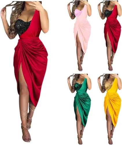 Vista 5 de KUIOLYPOER Vestido de invitada de boda de verano para mujer, sexy, con lentejuelas, con abertura, vestido de cóctel de un solo hombro