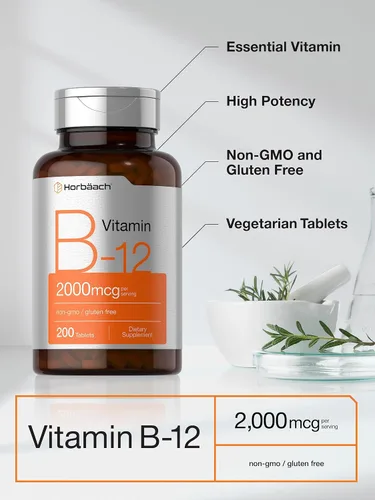 Vista 3 de Horbäach Vitamina B12 de 2000 mcg 200 tabletas Suplemento vegetariano Sin OMG y sin gluten