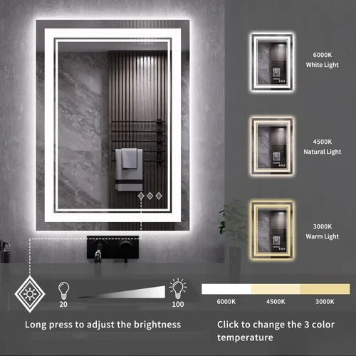 Vista 5 de Espejo LED para baño de 20 x 28 pulgadas con frente degradado y luz LED, espejo retroiluminado para baño, 3 colores, CRI > 90, espejo de baño