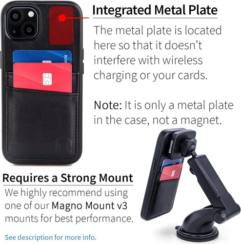 Vista 3 de Dockem Funda de piel auténtica para iPhone 13 con placa de metal integrada para montaje magnético, cartera cosida con 2 soportes para tarjetas