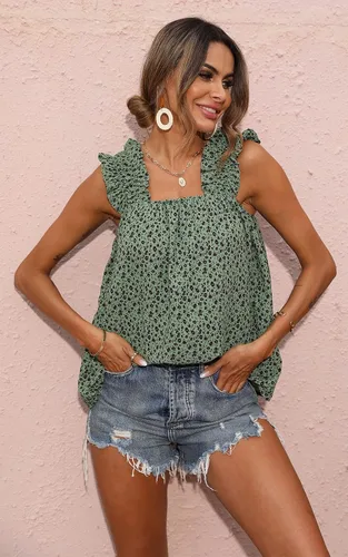 Vista 8 de PRETTYGARDEN Camisetas sin mangas con estampado floral bohemio para mujer, con tirantes fruncidos, plisadas, para verano, casuales, para la playa