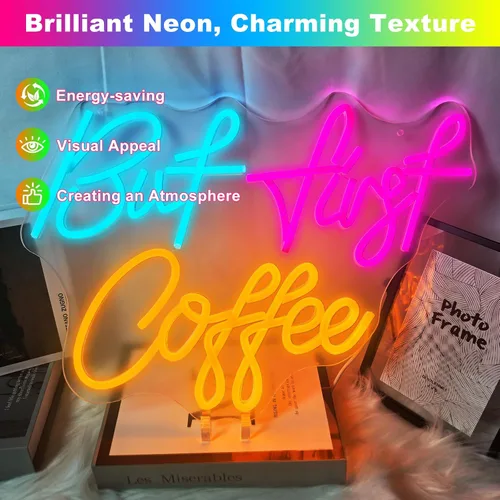 Vista 3 de Letrero de neón con texto en inglés «But First CoffeeNeon», «CoffeeLight» alimentado por USB, para cafetería, cafetería, cocina, hogar, bar