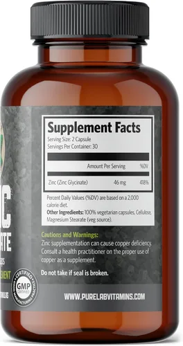 Vista 2 de Pure Lab Vitamins Glicinato de zinc – 60 cápsulas vegetales