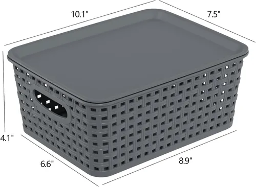 Vista 2 de Paquete de 6 cestas pequeñas de almacenamiento tejidas de plástico con tapa, canasta gris