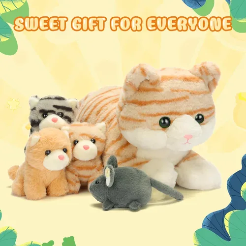Vista 6 de IKASA Mamá gato atigrado naranja peluche mamá y gatitos bebé juguete de peluche lindo 16.5 pulgadas suave mamá pequeña juguete familiar con pequeños