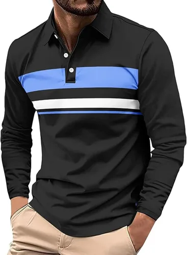 Vista 7 de Polo para hombre, manga larga, ajustado, a rayas, con cuello, talla grande, para golf y otoño