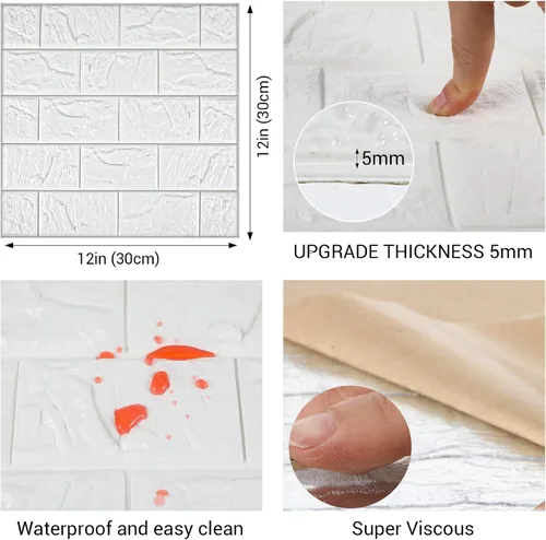 Vista 2 de 30 piezas de paneles de pared 3D para despegar y pegar, papel pintado de ladrillo blanco autoadhesivo impermeable, paneles de pared de ladrillo