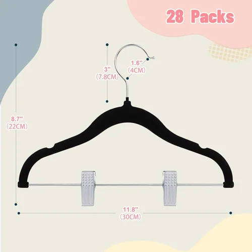Vista 7 de ManGotree Perchas de terciopelo para bebé de 11.8 pulgadas con clips movibles, perchas de fieltro antideslizantes para niños, perchas de ropa