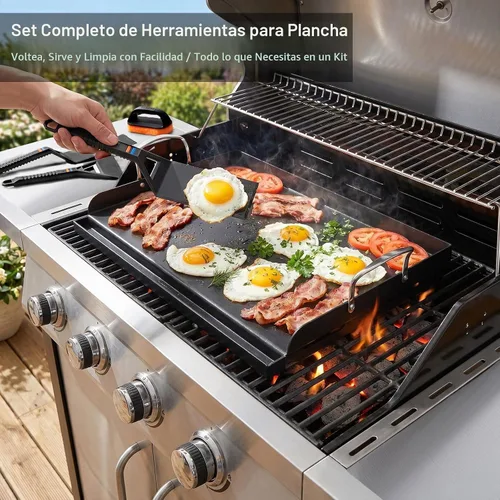 Vista 2 de Parrilla de hierro fundido de 25 x 16 pulgadas para parrilla de gas con kit de herramientas de plancha de silicona, parrilla pre-sazonada