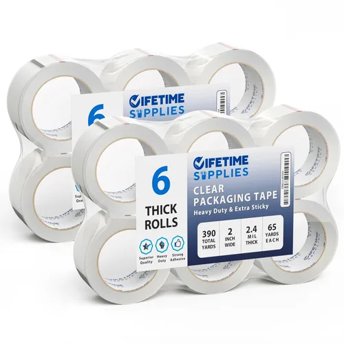 Vista 7 de Lifetime Supplies 6 Rollos 2.4 mil Transparente 65 Yardas Cada (390 Yardas Total) 2" Cinta de Embalaje Premium Cinta de Embalaje Resistente
